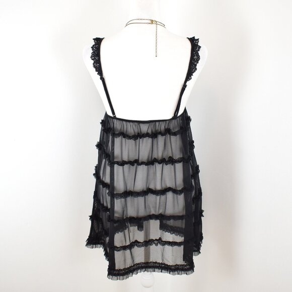 VTG 00s Y2K Black Sheer Mesh Ruffle Tiered Floral Lace Flowy Babydoll Slip Dress - Picture 3 of 5